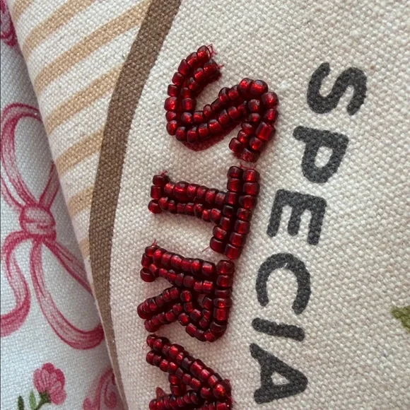 NWT-BEADED (one side) Striped Farmer's Market Tote Bag with Strawberry Design - Picture 5 of 14